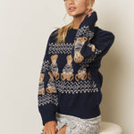 Holiday Bear Motif Crew Neck Knit Sweater in Navy - close-up of bear pattern