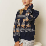 Holiday Bear Motif Crew Neck Knit Sweater in Navy - close-up of bear pattern