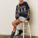 Holiday Bear Motif Crew Neck Knit Sweater in Navy - styled with boots