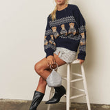 Holiday Bear Motif Crew Neck Knit Sweater in Navy - styled with boots