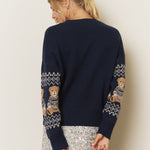Holiday Bear Motif Crew Neck Knit Sweater in Navy - back view