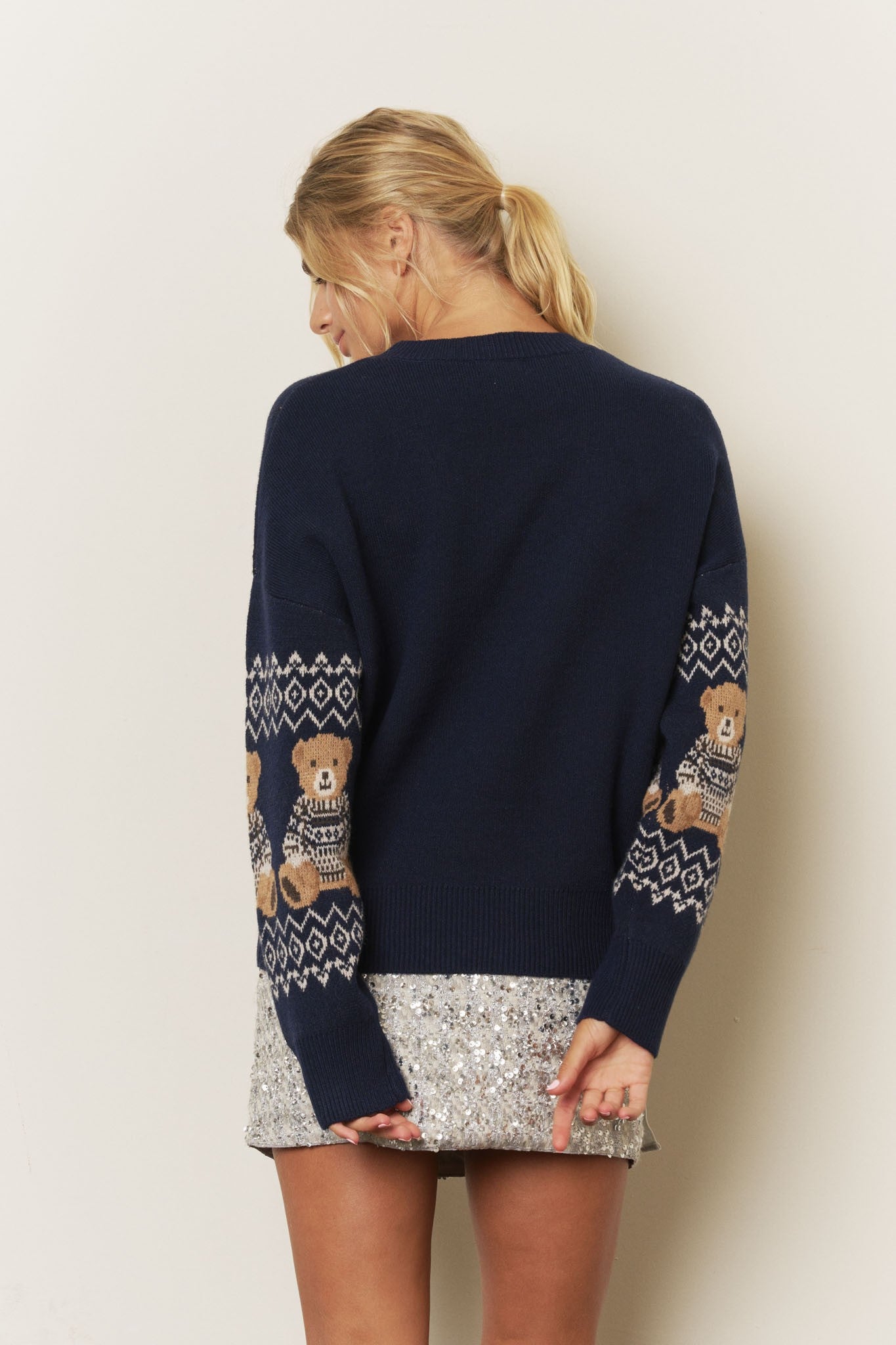 Holiday Bear Motif Crew Neck Knit Sweater in Navy - back view