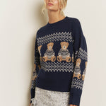 Holiday Bear Motif Crew Neck Knit Sweater in Navy - side view