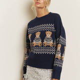 Holiday Bear Motif Crew Neck Knit Sweater in Navy - side view