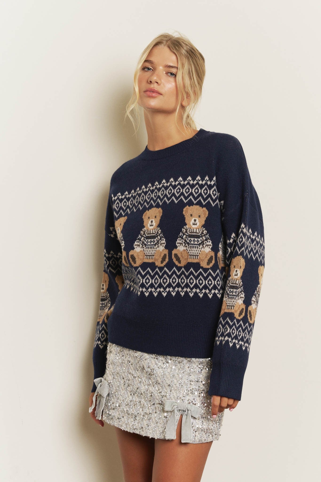 Holiday Bear Motif Crew Neck Knit Sweater in Navy - side view