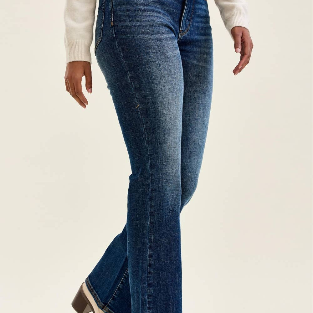 Judy Blue Daisy bootcut jeans front view, dark wash denim with harness trim waistband