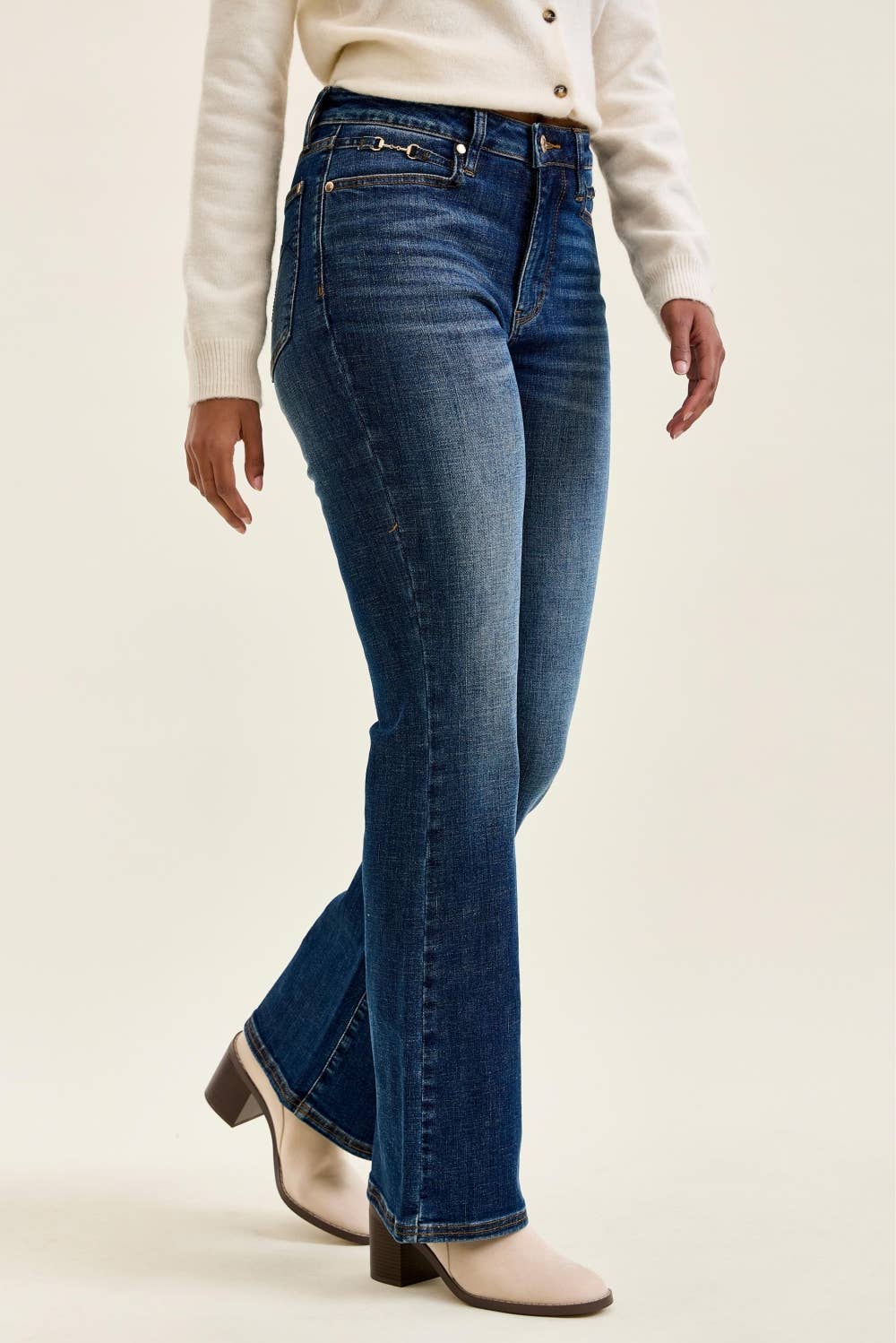 Judy Blue Daisy bootcut jeans front view, dark wash denim with harness trim waistband