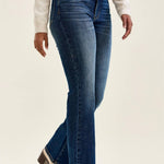 Judy Blue Daisy bootcut jeans front view, dark wash denim with harness trim waistband