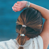 Wonder hair tie bracelet set in cream and blue with pearls and moon and stars charm, view 4