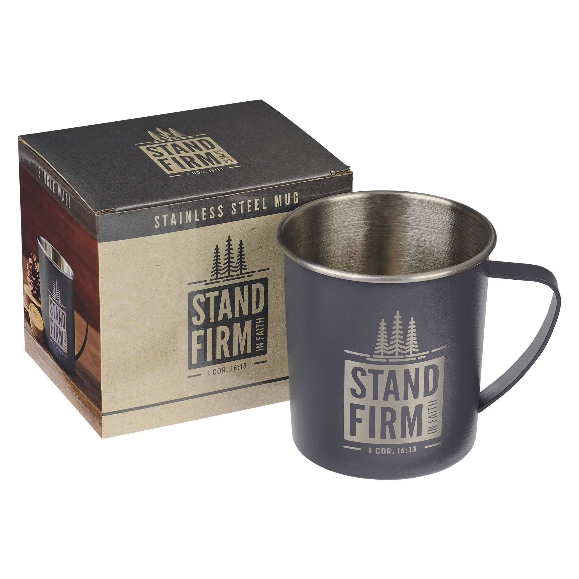 Stand Firm stainless steel camp mug, laser-engraved lettering detail
