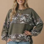 Camo color block French terry pullover in olive, close-up of camouflage print detail