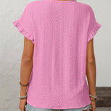 Dark Blue Solid Color Crewneck Sweet Short-Sleeve Hollow-Out Top