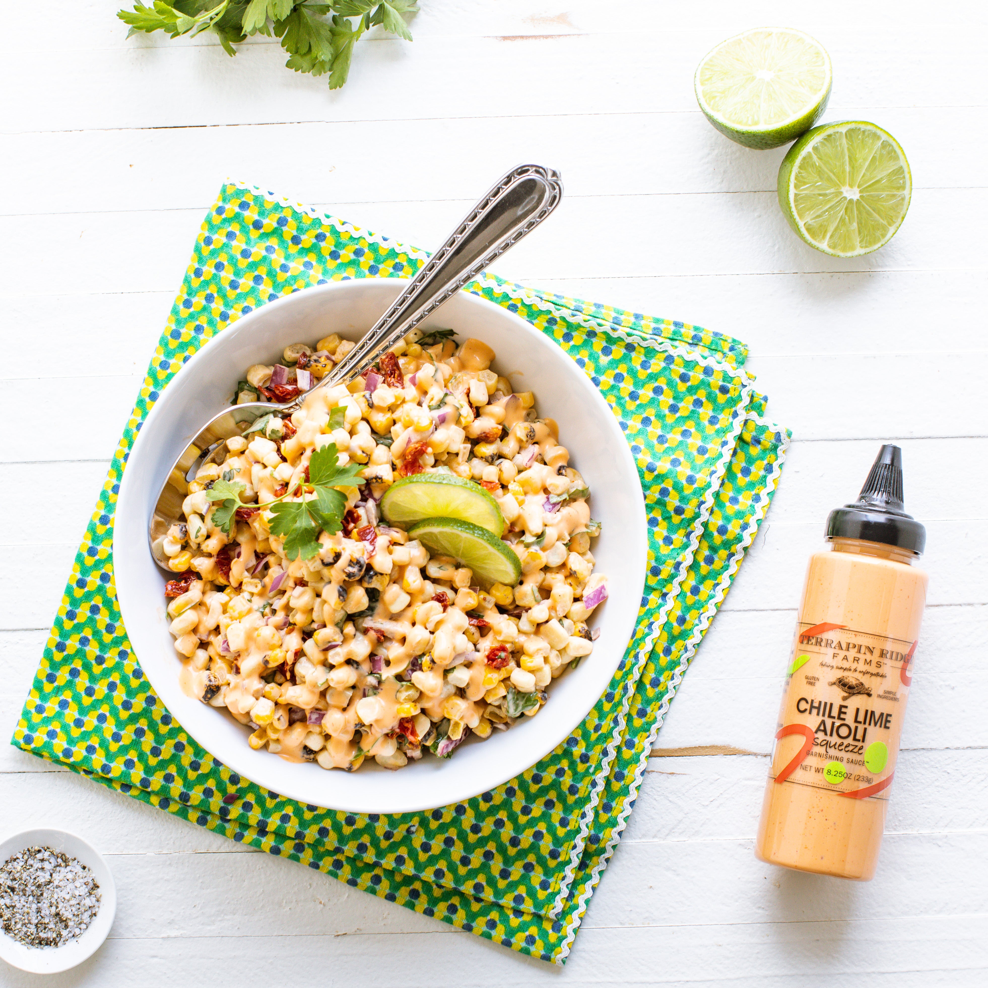 Corn and avocado salad with limes and Chile Lime Aioli