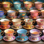 Completed Garden Tea Cups 1,000-piece jigsaw puzzle: rows of floral hand-painted porcelain tea cups with gold rims