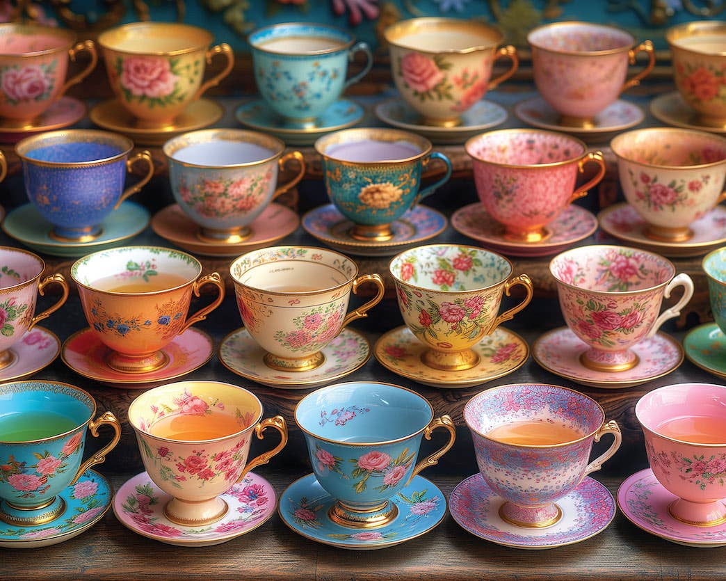 Completed Garden Tea Cups 1,000-piece jigsaw puzzle: rows of floral hand-painted porcelain tea cups with gold rims