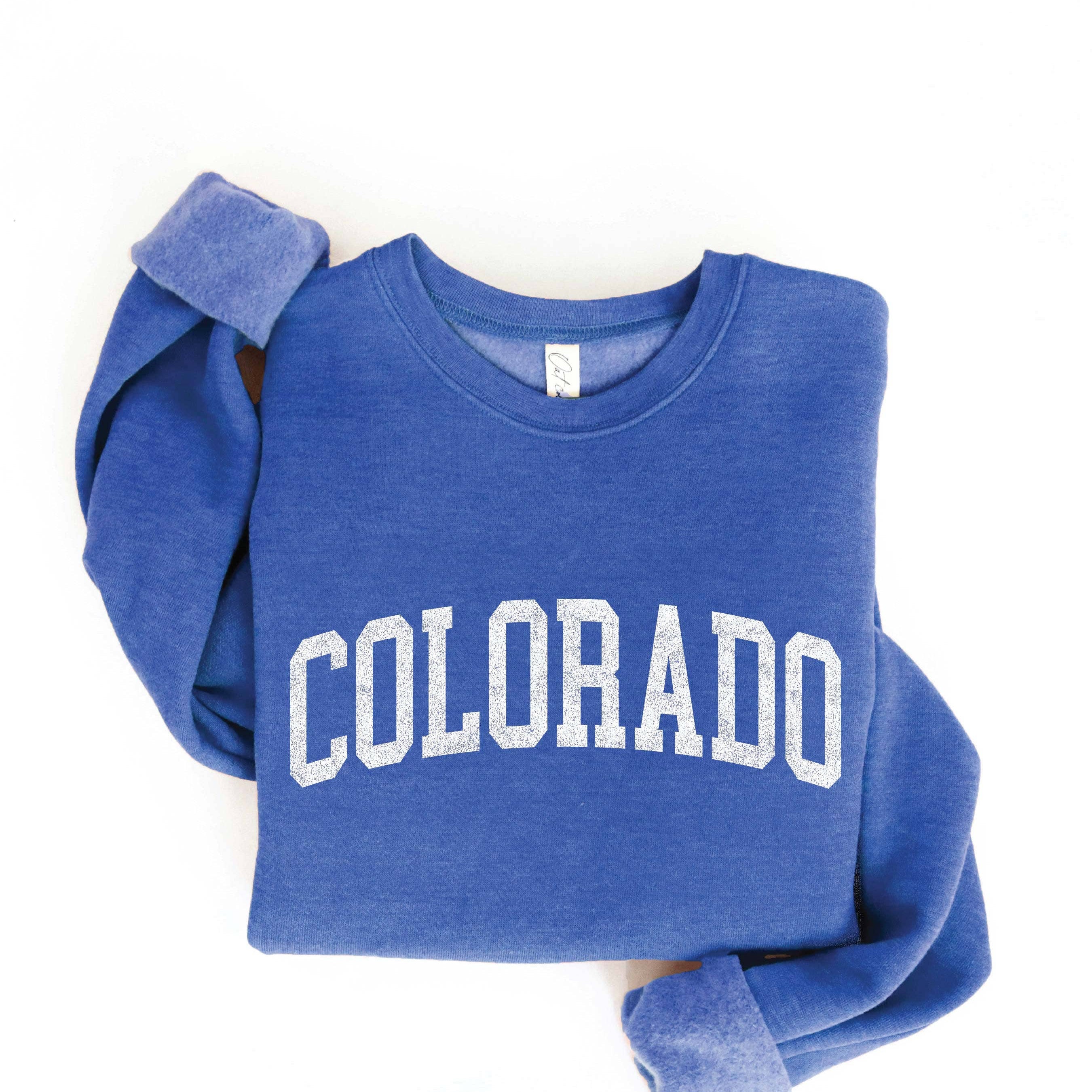 Colorado graphic fleece sweatshirt in heather royal, front view
