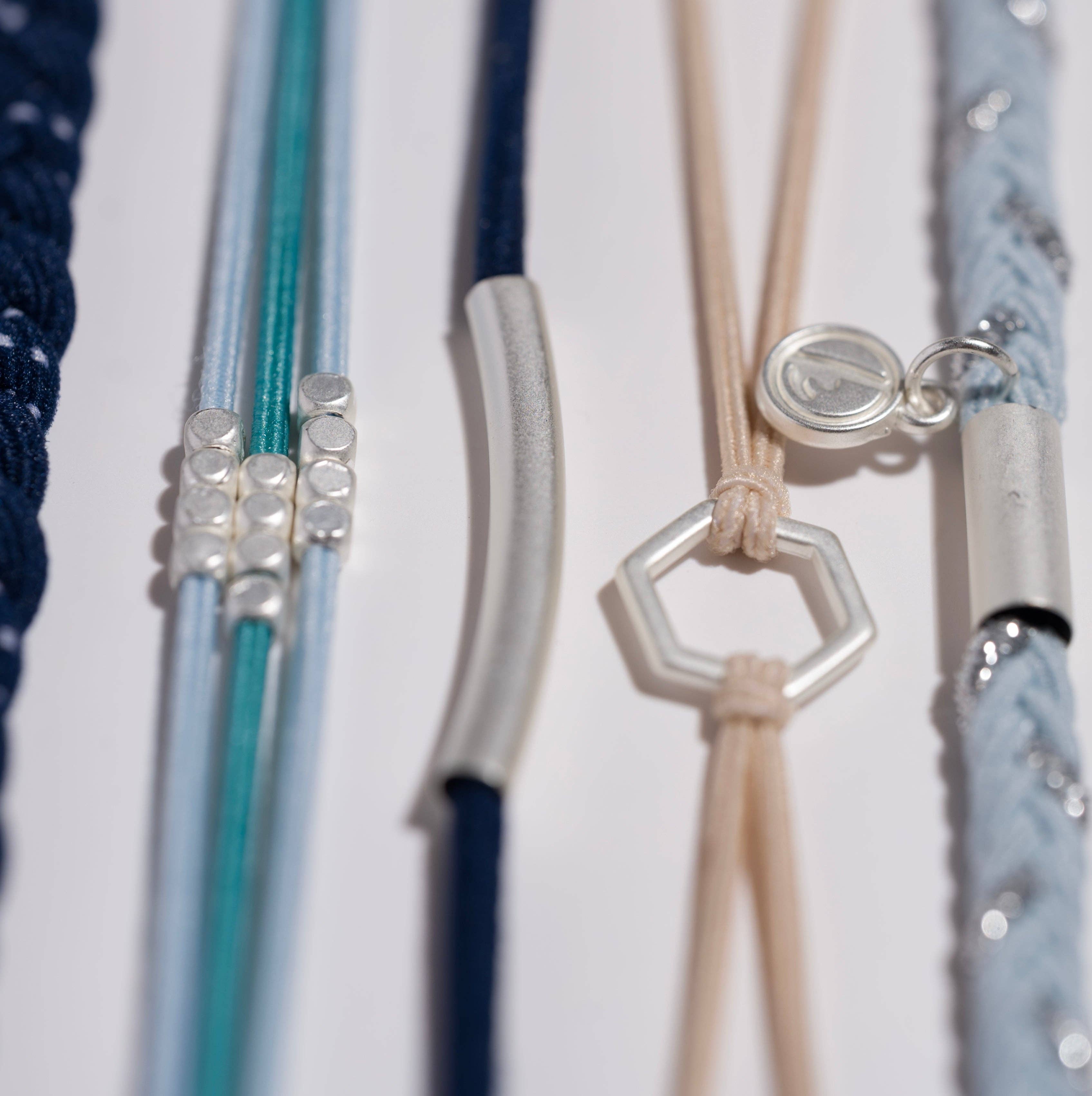 Dream hair tie bracelet set in blue and neutral tones with silver accents, view 3