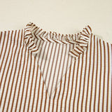 Striped Frill V Neck Knot Bracelet Sleeve Mock Neck Blouse