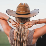 Stride hair tie bracelet set in blue, brown, cream and teal with gold cowboy boot and horseshoe charms, view 8