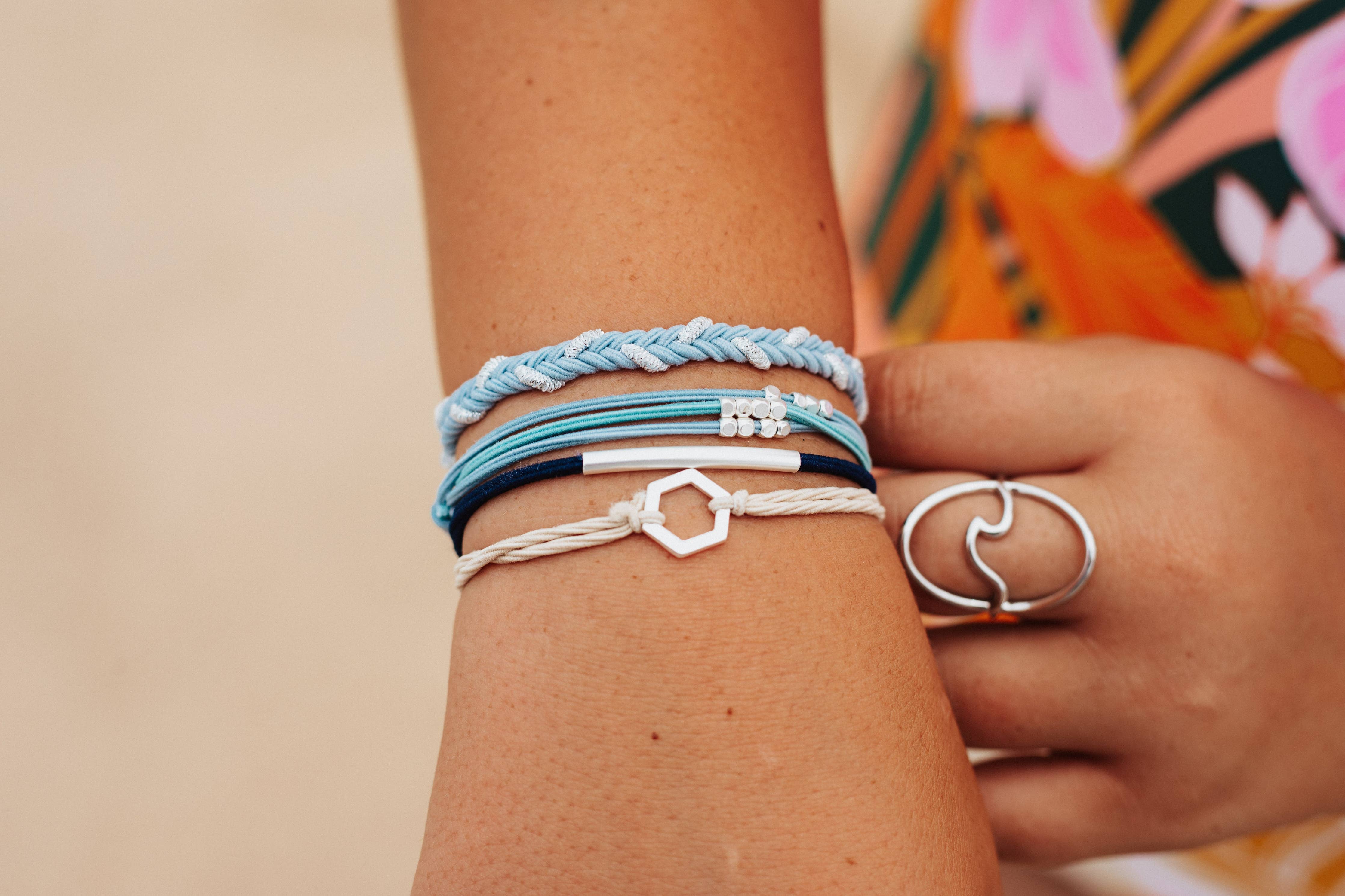 Dream hair tie bracelet set in blue and neutral tones with silver accents, view 6