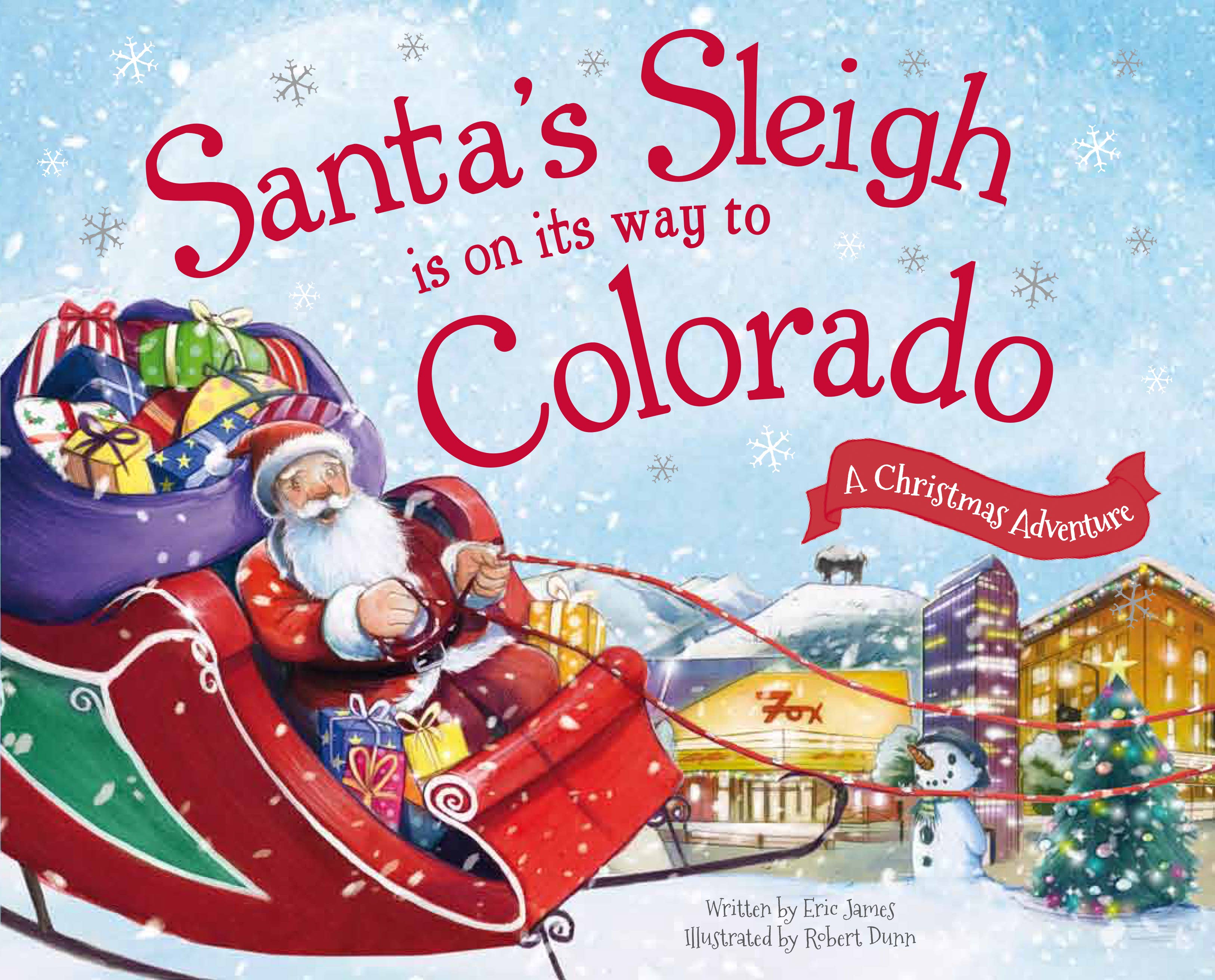 Book cover with Santa in a red sleigh full of gifts flying over a snowy Colorado town