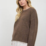 Mocha contrast edge crew neck pullover sweater, front