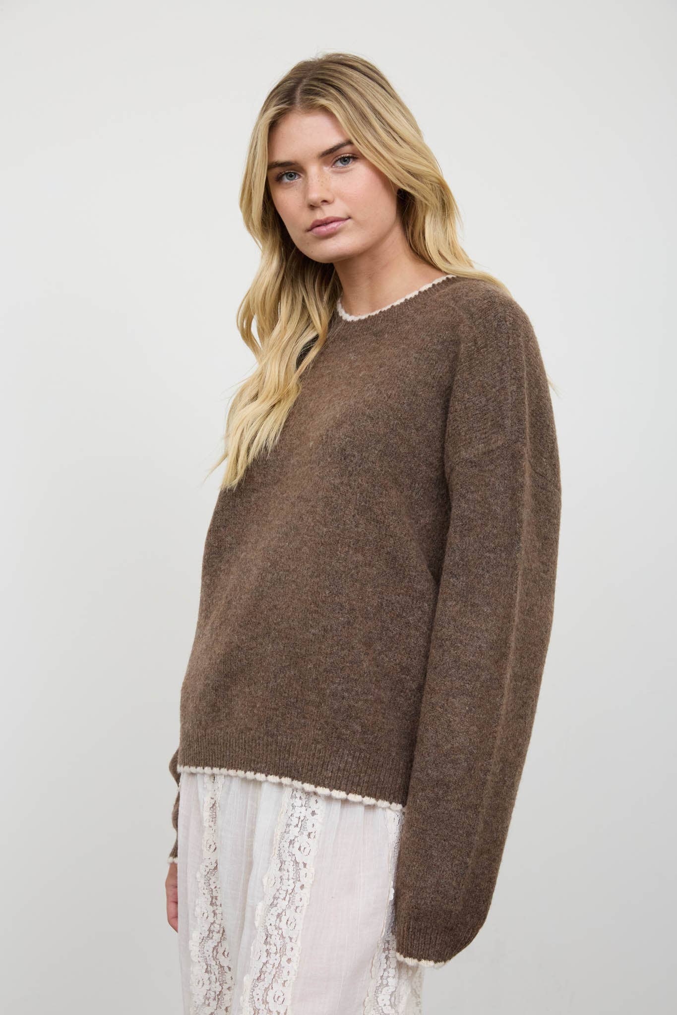 Mocha contrast edge crew neck pullover sweater, front