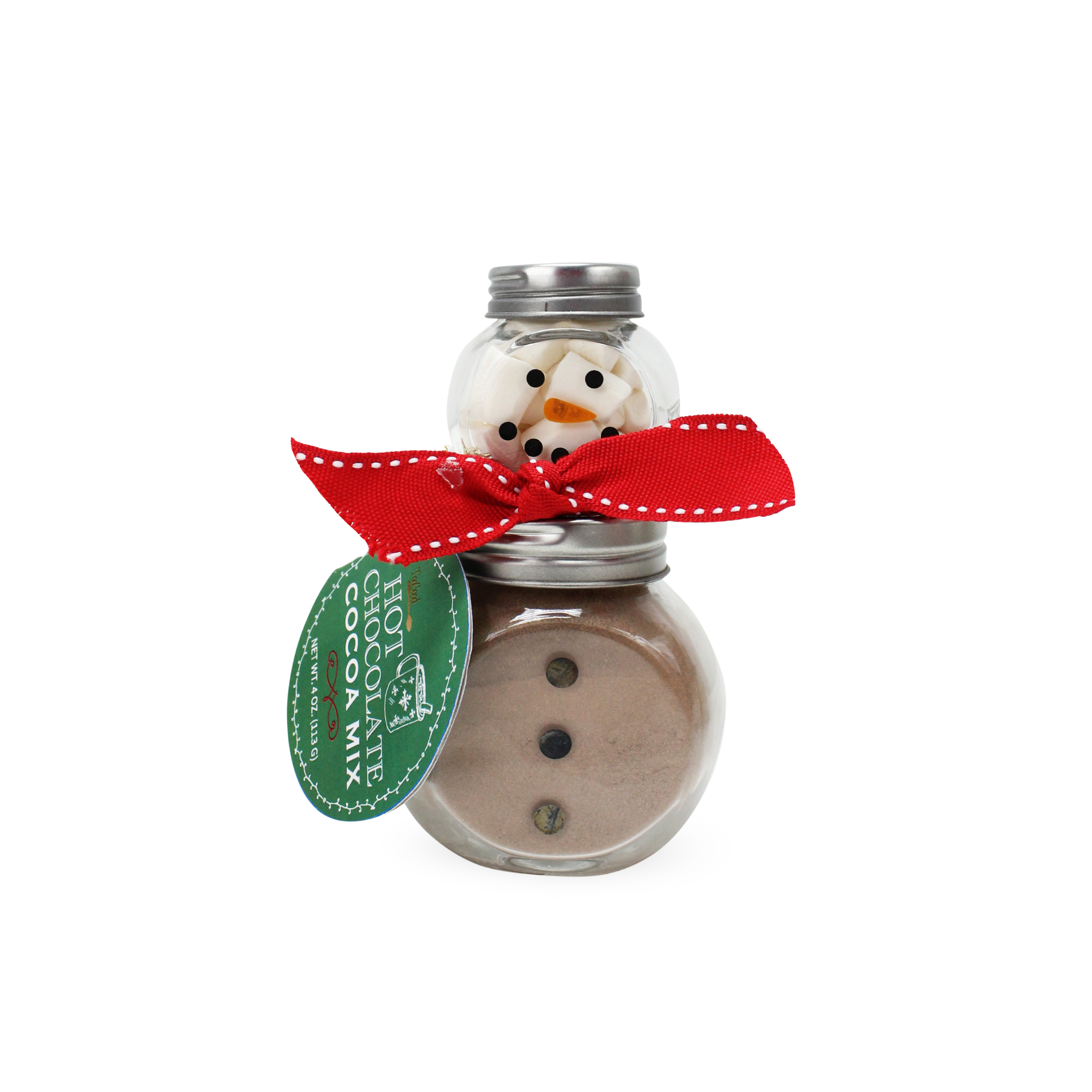 Glass snowman jar filled with hot cocoa mix and marshmallows, wearing a red ribbon scarf