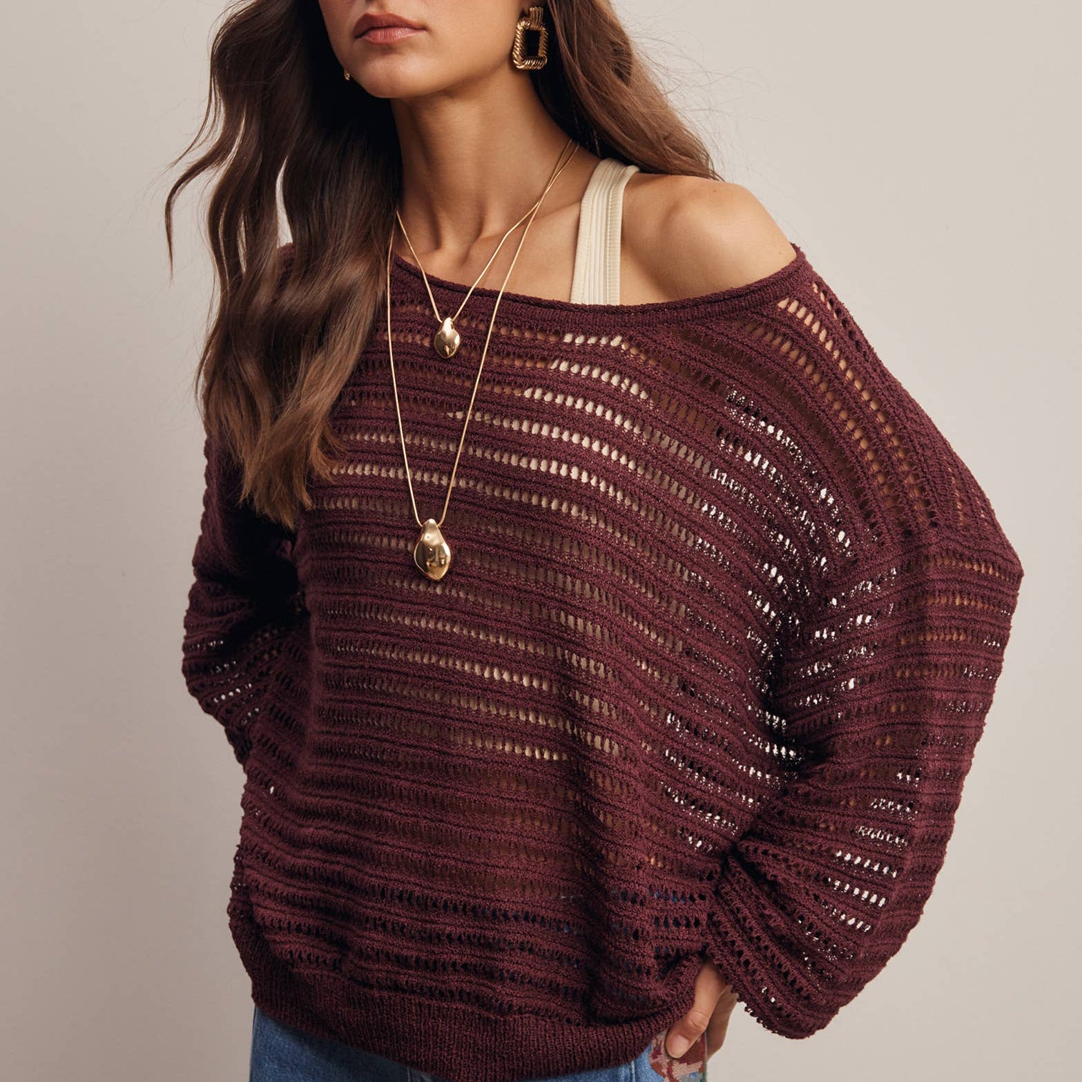 Open-Knit Stripe Sweater Top in Burgundy – 2