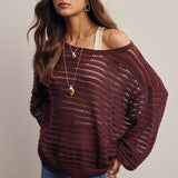 Open-Knit Stripe Sweater Top in Burgundy – 2