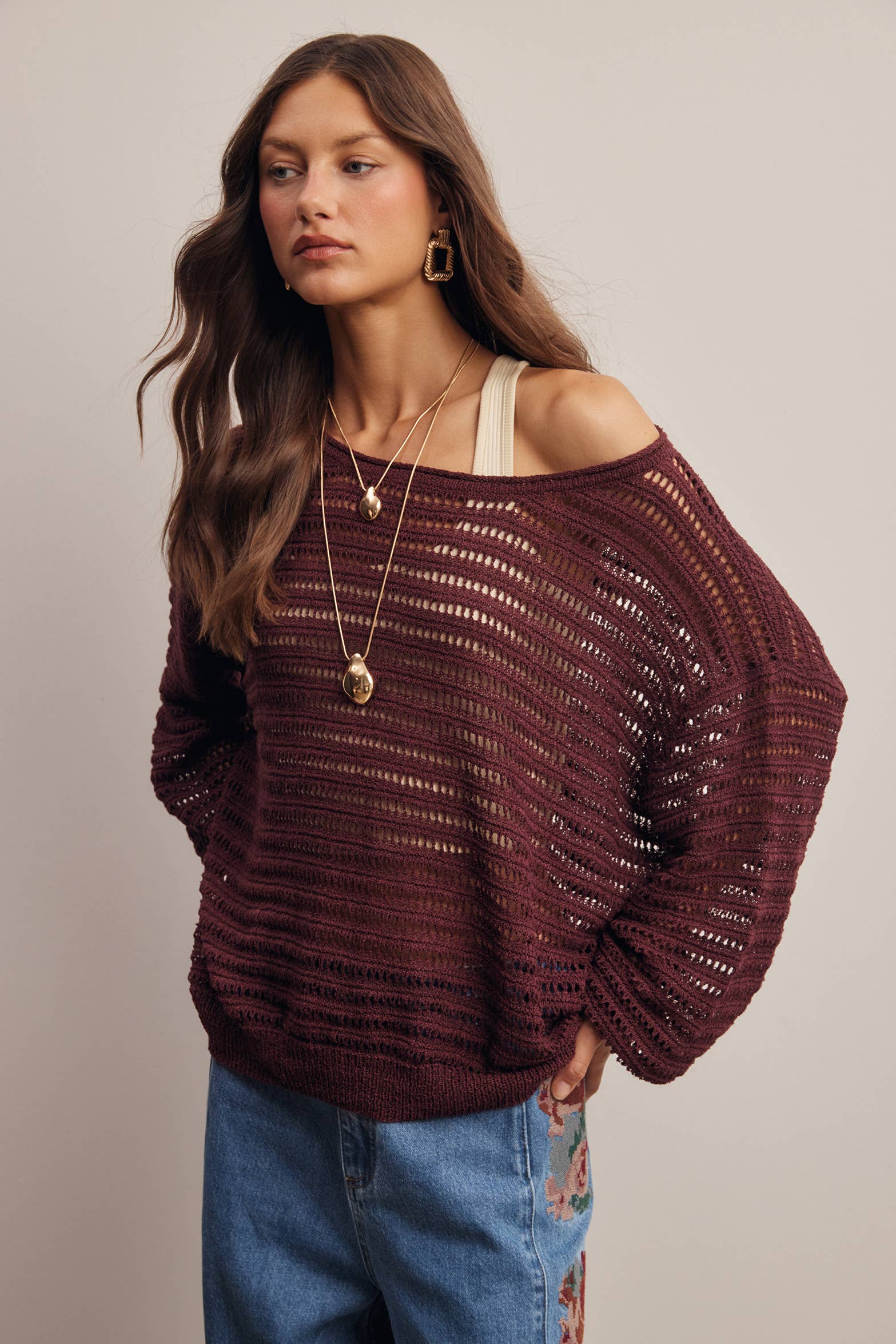 Open-Knit Stripe Sweater Top in Burgundy – 2