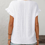 Dark Blue Solid Color Crewneck Sweet Short-Sleeve Hollow-Out Top