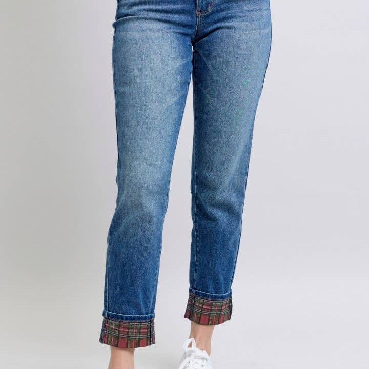 Judy Blue plaid cuff mid-rise boyfriend jeans in medium wash