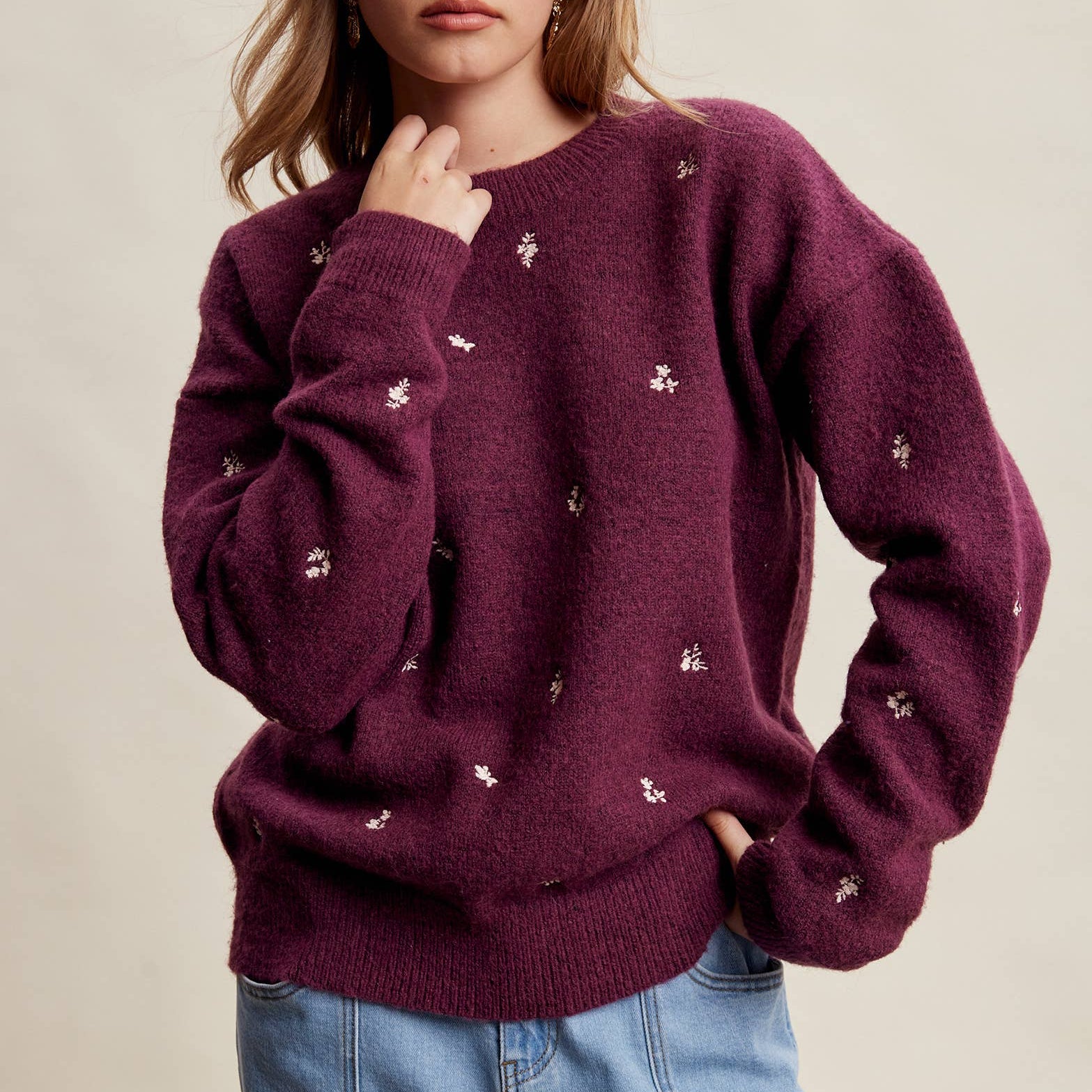 Women's Embroidered Dot Sweater in Plum – 2