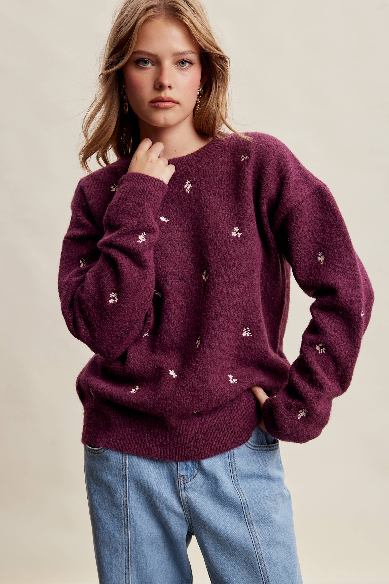 Women's Embroidered Dot Sweater in Plum – 2