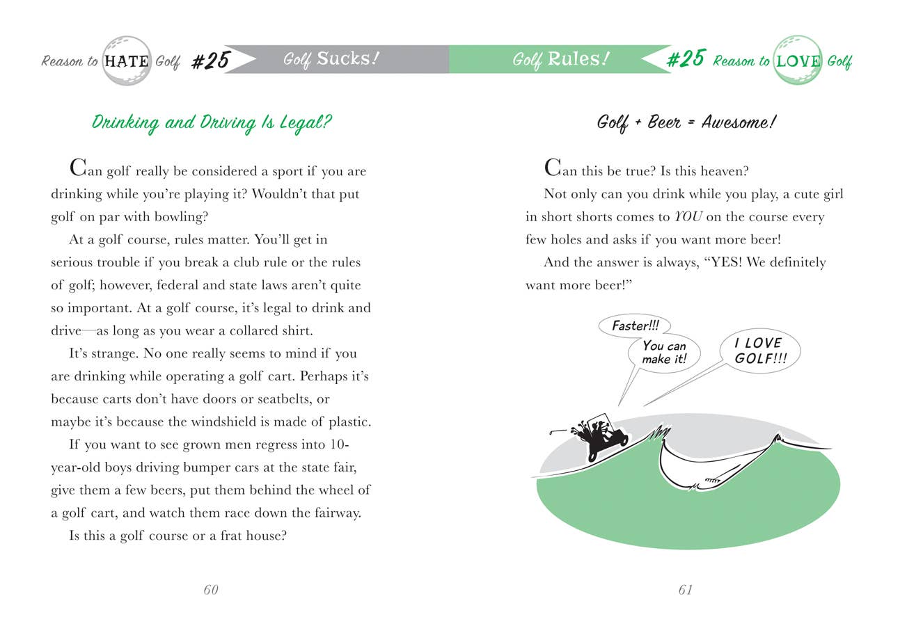 50 Reasons to Hate Golf interior pages about golf carts and drinking