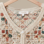 Boho Patchwork Crochet Button Cardigan in Ivory - V-neck detail