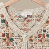 Boho Patchwork Crochet Button Cardigan in Ivory - V-neck detail