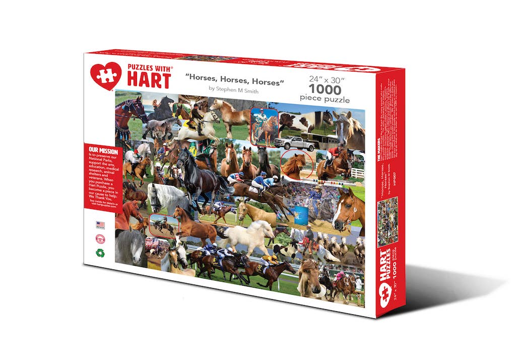 Horses, Horses, Horses 1,000-piece jigsaw puzzle box showing a collage of horse breeds including thoroughbreds, Appaloosas, mustangs and Clydesdales