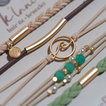 Reflect hair tie bracelet set in beachy neutrals and green with gold wave charm, view 3