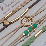 Reflect hair tie bracelet set in beachy neutrals and green with gold wave charm, view 3