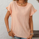 Dark Blue Solid Color Crewneck Sweet Short-Sleeve Hollow-Out Top