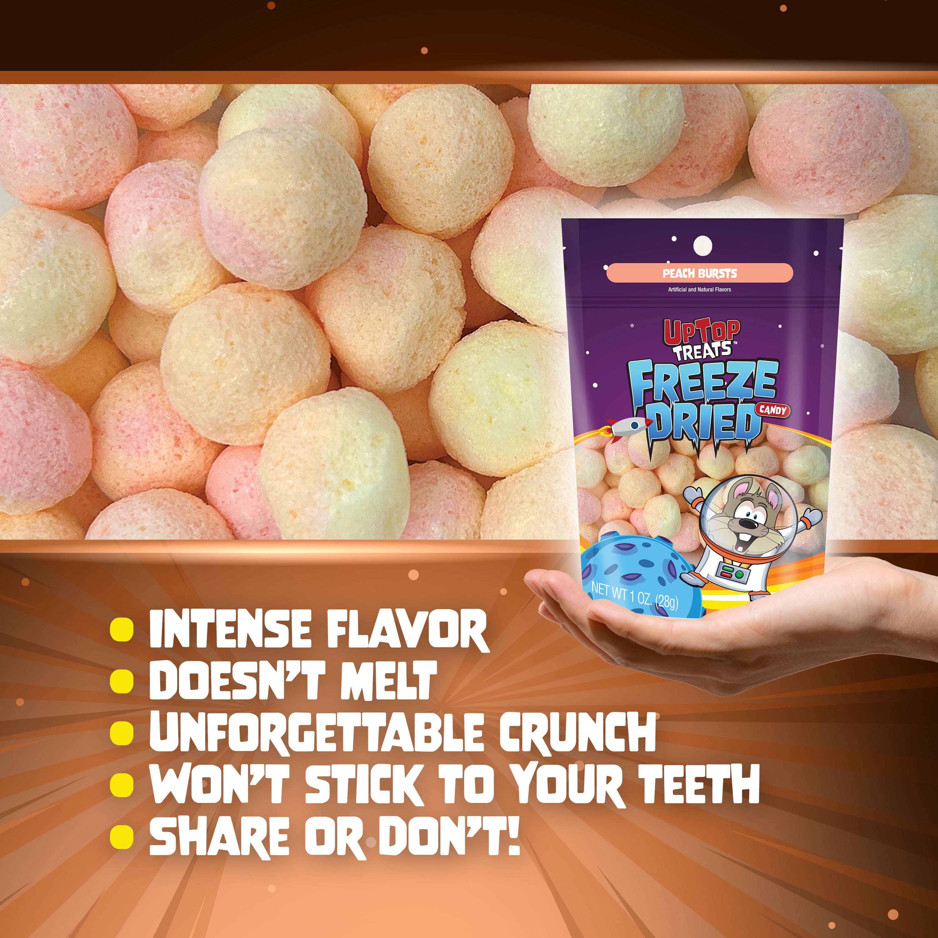 Peach Bursts bag held in hand - intense flavor, doesn't melt, unforgettable crunch