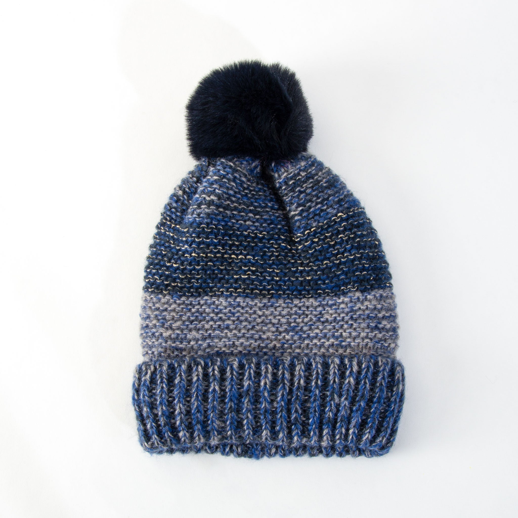 Tatum striped knit pom hat blue and gold - styled