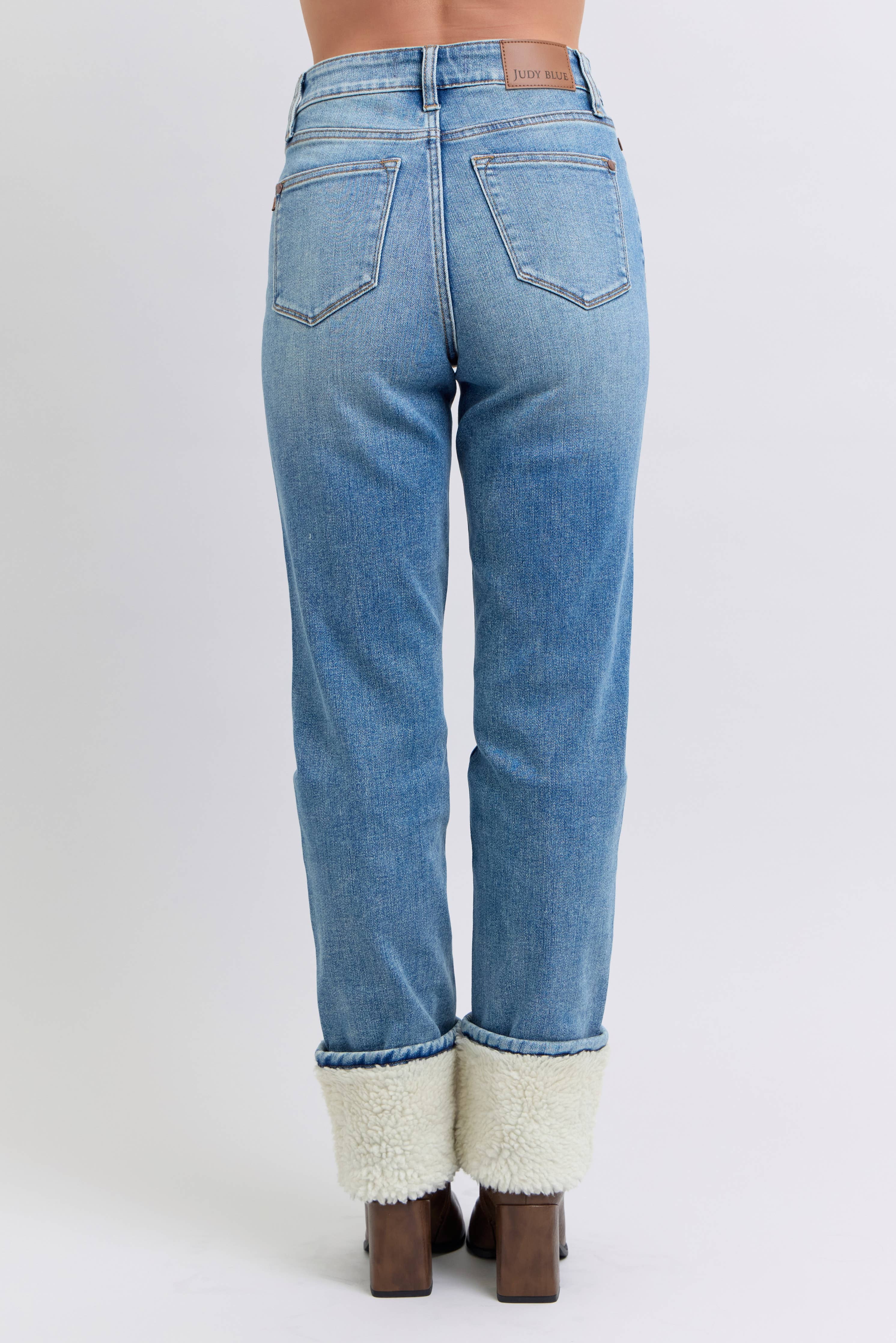 Judy Blue shearling cuff high waist straight jeans in medium wash