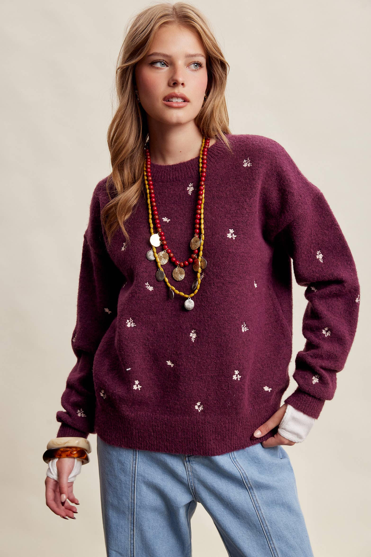 Women's Embroidered Dot Sweater in Plum – 3