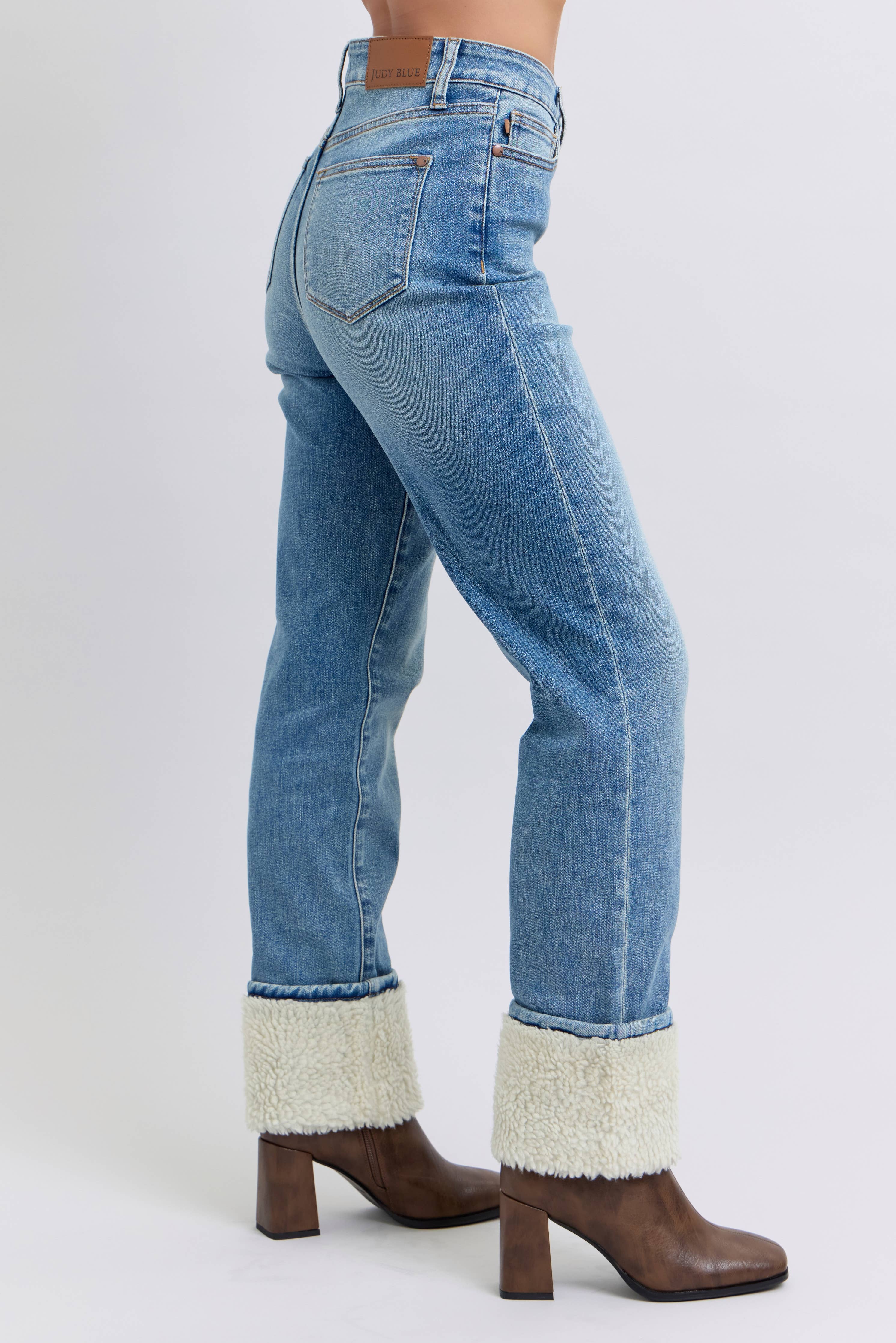 Judy Blue shearling cuff high waist straight jeans in medium wash