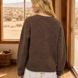 Mocha crew neck pullover sweater, back view