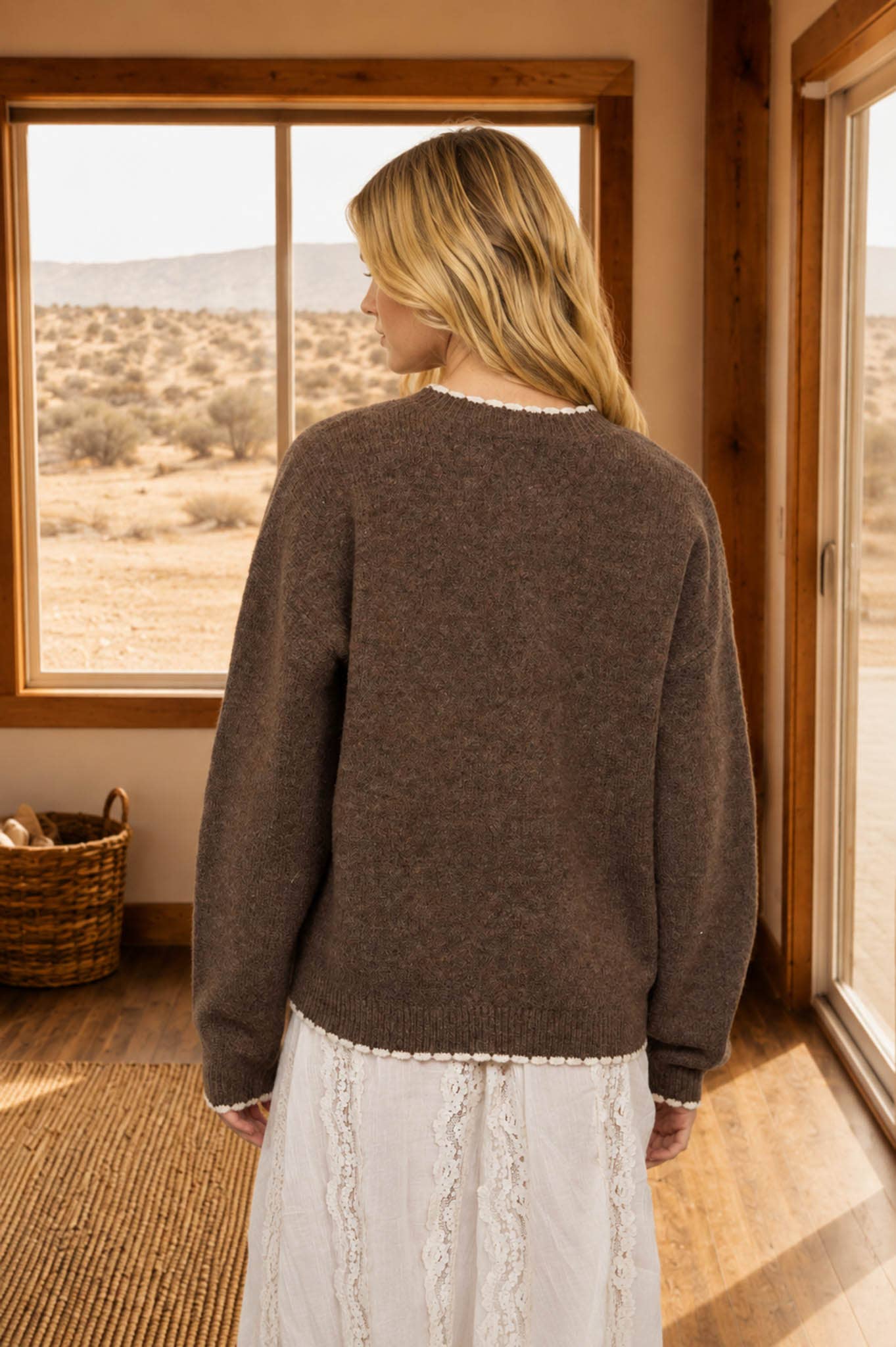 Mocha crew neck pullover sweater, back view