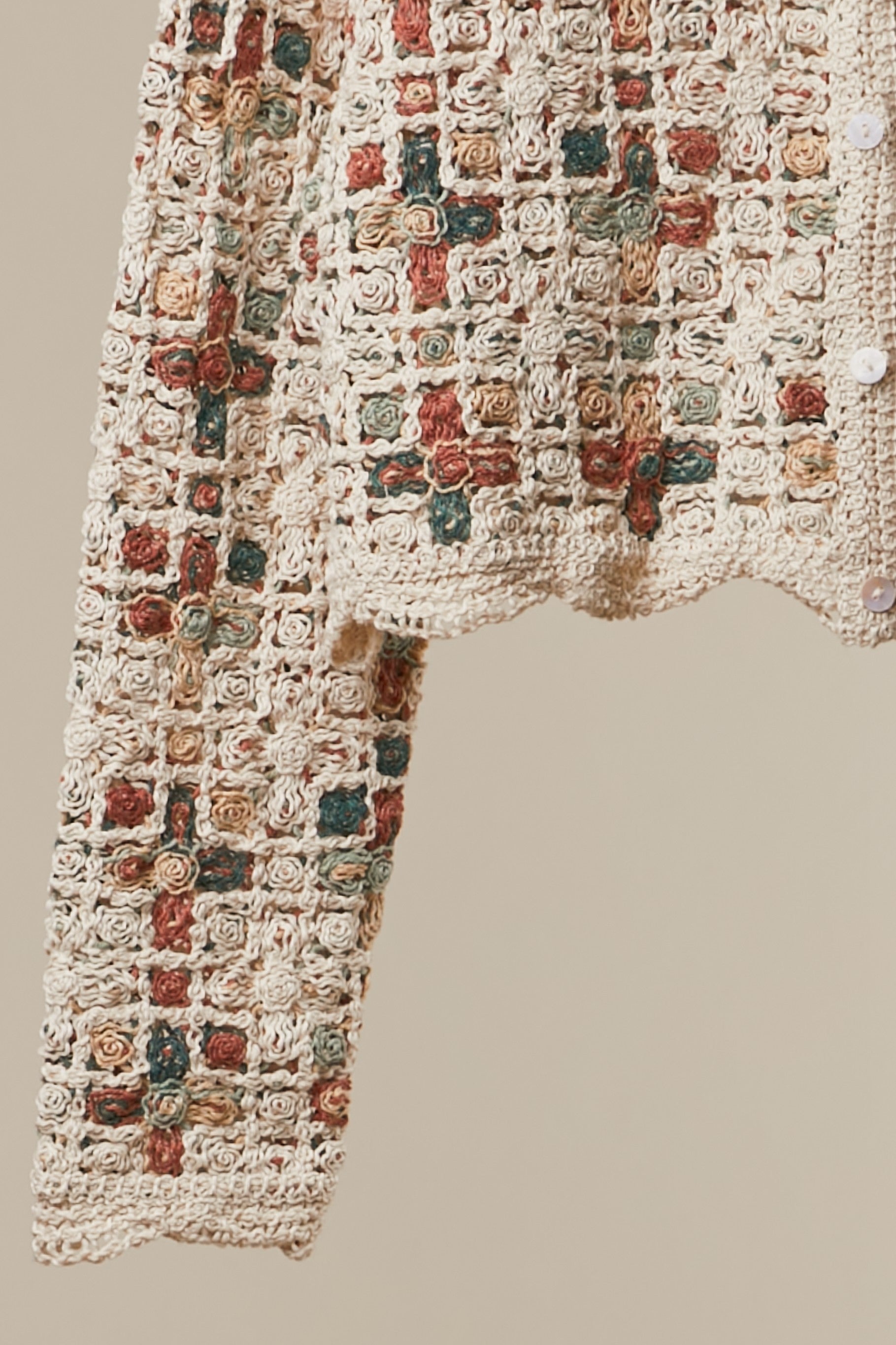 Boho Patchwork Crochet Button Cardigan in Ivory - sleeve and scalloped hem detail